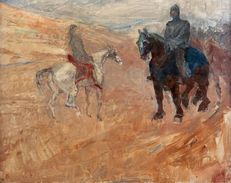 Henri de Toulouse-Lautrec Zwei Ritter in Rüstung Kunstkopie, zwei Reiter auf Schimmel und Rappen vor ockerfarbenem Hang