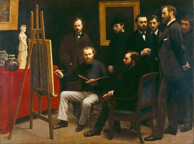 Maler an der Staffelei, umringt von stehenden Herren im Atelier – Henri Fantin-Latour Atelier des Batignolles Kunstkopie
