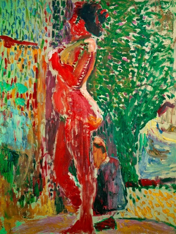 Henri Matisse Akt im Atelier Kunstkopie, roter Frauenakt vor grünem Laub mit locker getupftem Hintergrund