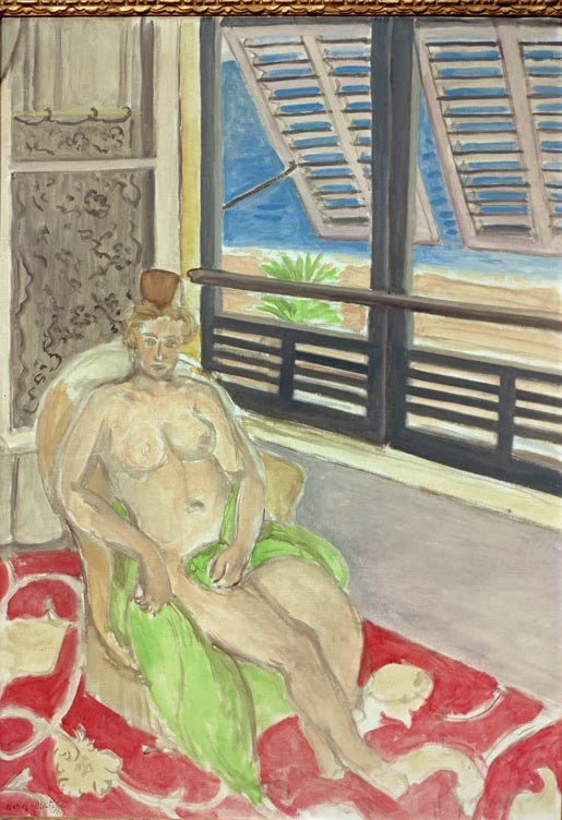 Sitzender Akt im Sessel mit grünem Tuch vor offenem Fenster mit Läden – Henri Matisse Am Fenster in Nizza Kunstkopie