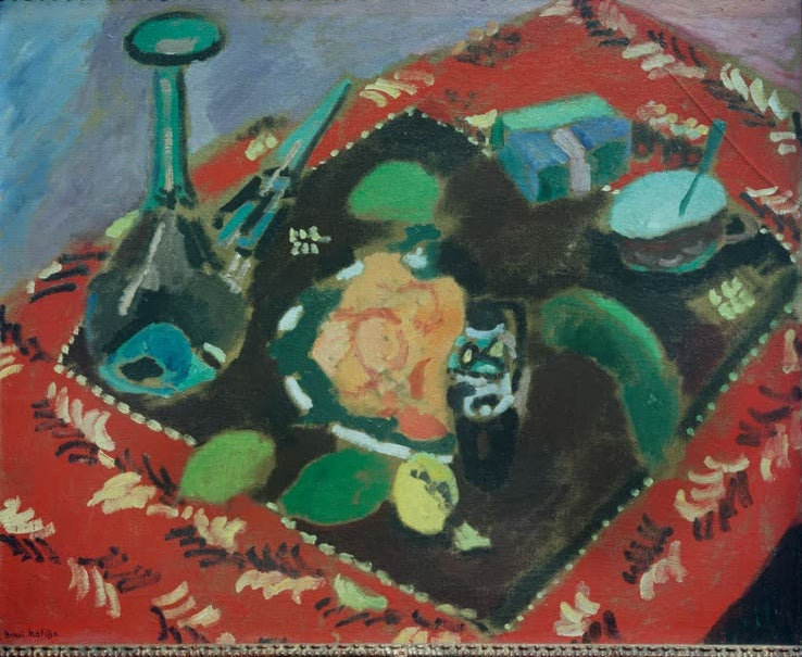 Flasche, Teller und Früchte auf rotem Teppich – Henri Matisse Assiettes et fruites sur un tapis Kunstkopie