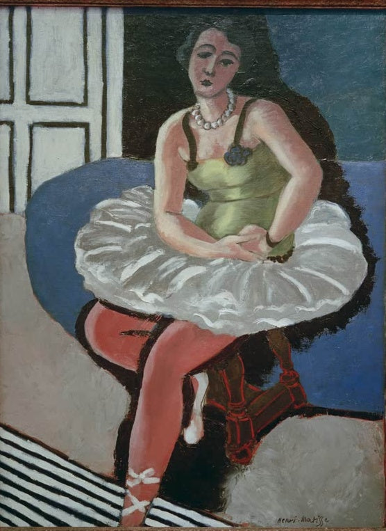 Sitzende Tänzerin in grünem Oberteil und weißem Tutu auf einem Hocker – Henri Matisse Ballerine au tabouret Kunstkopie