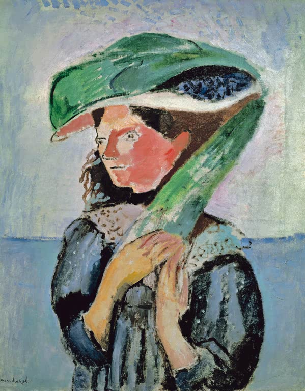 Mädchen mit großem grünem Hut und blauem Kleid, die Hände vor der Brust – Henri Matisse Bildnis Margots Kunstkopie