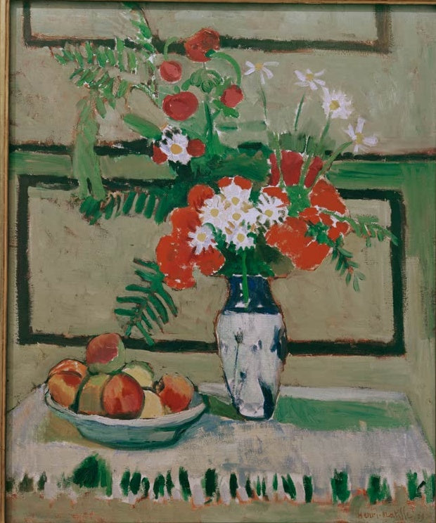 Strauß roter und weißer Blumen in Vase mit Obstschale auf gedecktem Tisch – Henri Matisse Blumen und Früchte Kunstkopie