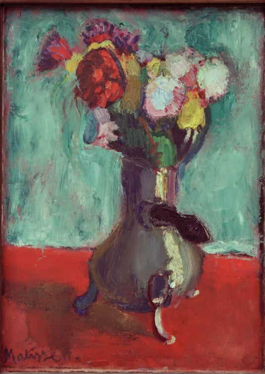 Bunter Blumenstrauß in grauer Kanne vor türkisem Grund – Henri Matisse Blumenstrauß in der Kakaokanne Kunstkopie