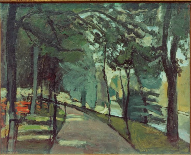 Allee im Wald mit hohen Bäumen und Weg in kräftigen Grüntönen – Henri Matisse Bois de Boulogne Kunstkopie