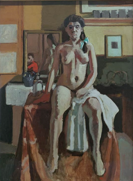 Sitzender Akt mit Zopf in einem Atelierraum mit Spiegel und Bildern – Henri Matisse Carmelina Kunstkopie