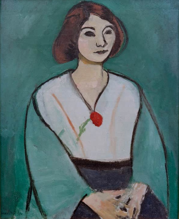 Frau mit Pagenschnitt in grünem Umhang mit roter Nelke – Henri Matisse Dame in Grün mit roter Nelke Kunstkopie
