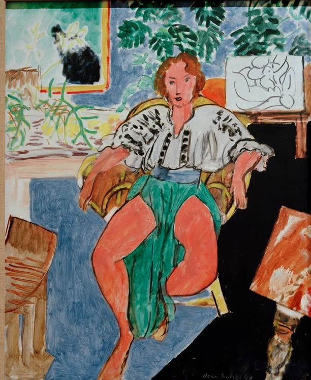 Sitzende Frau in Bluse mit grünem Rock im Korbsessel, Zimmer mit Pflanzen – Henri Matisse Danseuse au repos Kunstkopie