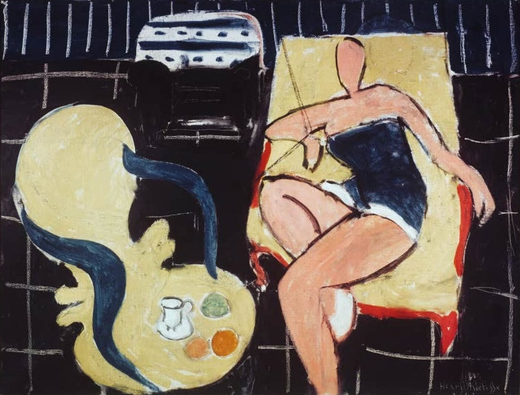 Tänzerin im Sessel neben gelbem Rundtisch vor schwarzem Hintergrund – Henri Matisse Danseuse sur fond noir Kunstkopie