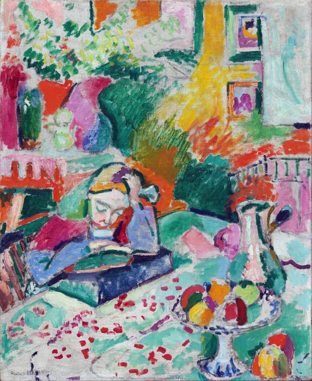 Lesendes Mädchen am Tisch mit Obstschale in leuchtend bunten Farben – Henri Matisse Das Mädchen beim Lesen Kunstkopie