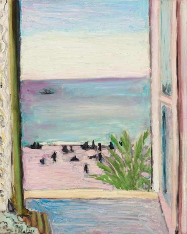 Blick durch ein offenes Fenster auf Meer und Strand mit Pflanze im Vordergrund – Henri Matisse Das offene Fenster Kunstkopie