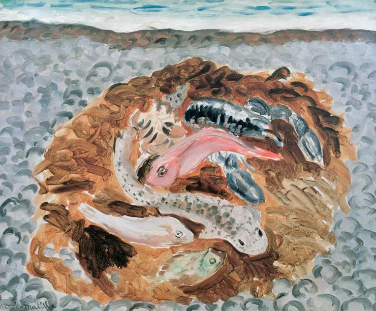 Henri Matisse Die Bouillabaisse Kunstkopie, Fische und Krustentiere auf braunem Tang vor grauem Kieselstrand
