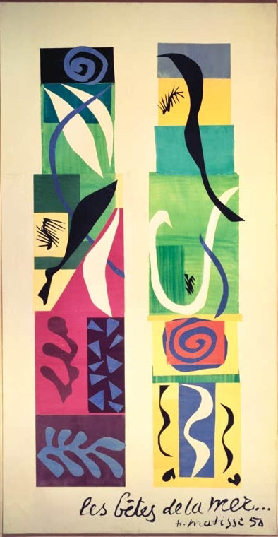 Meerestiere in Papierschnitt, Blau, Grün, Rosa und Gelb, in zwei Säulen – Henri Matisse Die Tiere des Meeres Kunstkopie