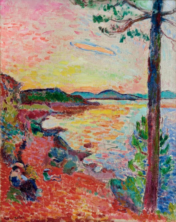 Sonnenuntergang an einer Meeresbucht mit Kiefernstamm und rötlich leuchtendem Ufer – Henri Matisse Die Vesper Kunstkopie