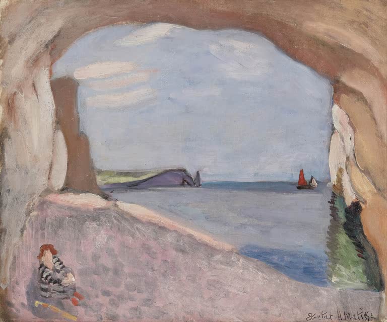 Blick aus einer Felsgrotte auf Meer und rotes Segel, vorn eine Figur – Henri Matisse Étretat, das rote Segel Kunstkopie