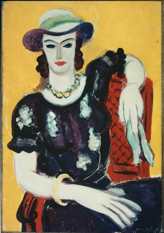 Frau mit Hut und Goldkette, Arm auf roter Stuhllehne, vor gelbem Grund – Henri Matisse Femme à la chaise rouge Kunstkopie
