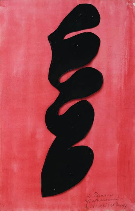 Schwarze geschwungene Papierform auf rotem Aquarellgrund mit Widmung – Henri Matisse Freundschaft Kunstkopie