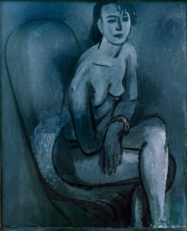 Sitzender Akt mit Armband in einem Sessel, ganz in kühlen Blautönen gemalt – Henri Matisse Grauer Akt mit Armband Kunstkopie