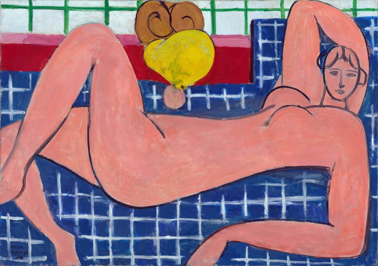 Rosafarbener liegender Akt auf blau kariertem Untergrund mit erhobenem Arm – Henri Matisse Großer liegender Akt Kunstkopie
