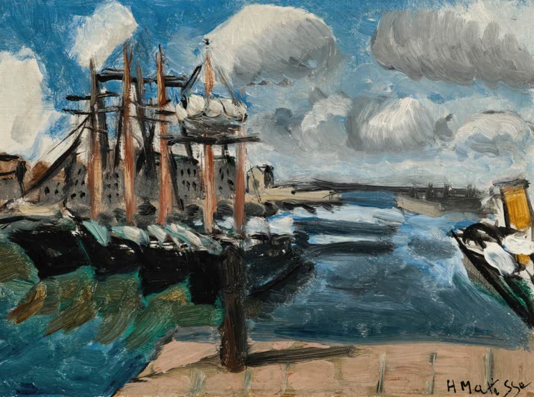 Hafen mit Segelschiffen, Masten und dunklem Wasser unter bewegtem Wolkenhimmel – Henri Matisse Hafen von Cherbourg Kunstkopie