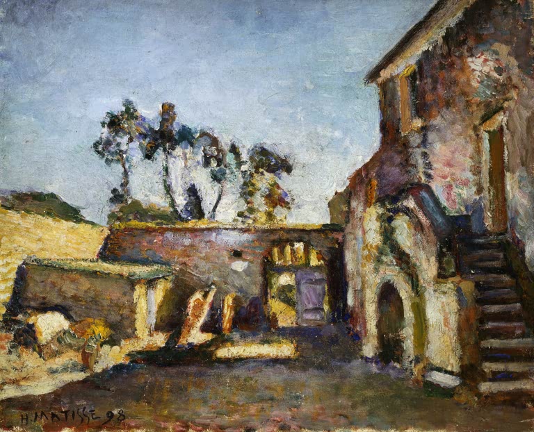 Gehöft mit Mauern, Torbogen, Treppe und hohen Bäumen unter Wolken – Henri Matisse Hof der Mühle von Ajaccio Kunstkopie