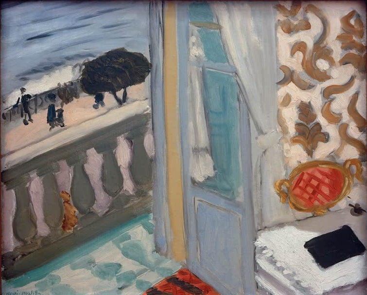 Balkontür mit Blick auf Promenade und Balustrade – Henri Matisse Interieur mit Heftchen Kunstkopie