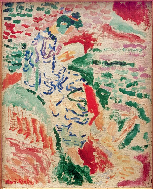 Frau in blauweißem Gewand, in bunten Farbflecken am Ufer verschwimmend – Henri Matisse Japanerin am Ufer Kunstkopie