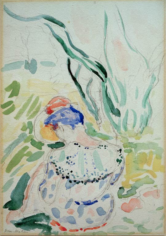 Junge Frau mit Hut von hinten im Grünen, Aquarell mit Bleistift – Henri Matisse Jeune femme assise de dos Kunstkopie