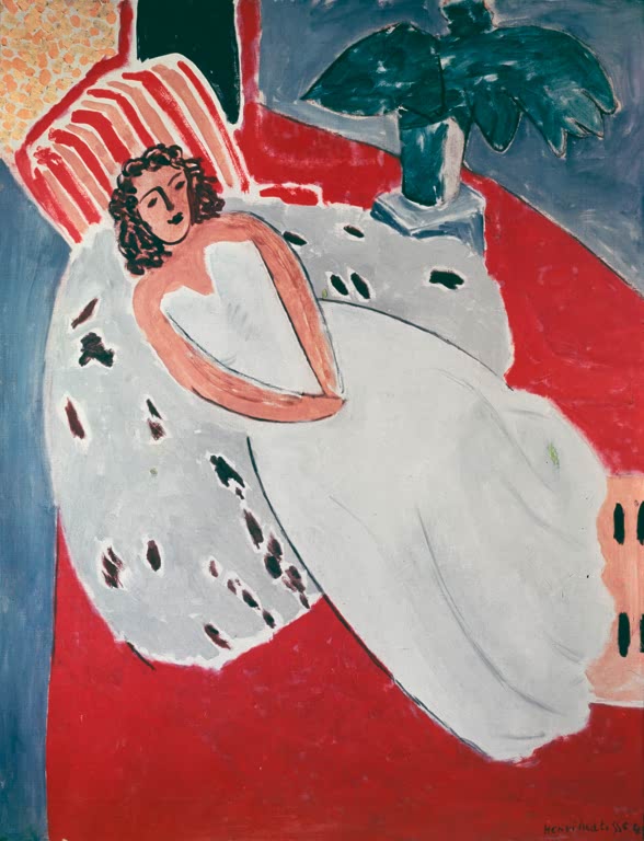 Junge Frau im weißen Pelzmantel auf rotem Grund – Henri Matisse Jeune fille à la pelisse, fond rouge Kunstkopie