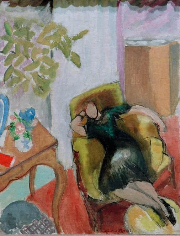 Mädchen in Schwarz ruht im gelben Sessel neben Blumentisch – Henri Matisse Jeune fille en noir Kunstkopie