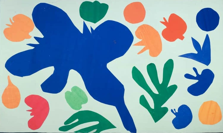 Große blaue Form zwischen orangen, grünen und roten Blättern auf hellem Grund – Henri Matisse Klatschmohn Kunstkopie