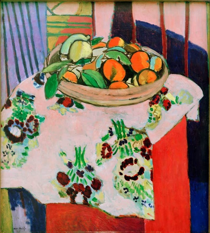 Korb mit Orangen auf geblümtem Tischtuch vor farbigen Streifen – Henri Matisse Korb mit Orangen Kunstkopie