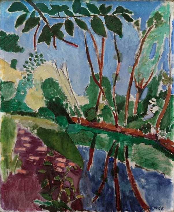 Uferlandschaft mit Bäumen, Wasserspiegelung und winziger Figur am Ufer – Henri Matisse La Berge (Die Uferpartie) Kunstkopie