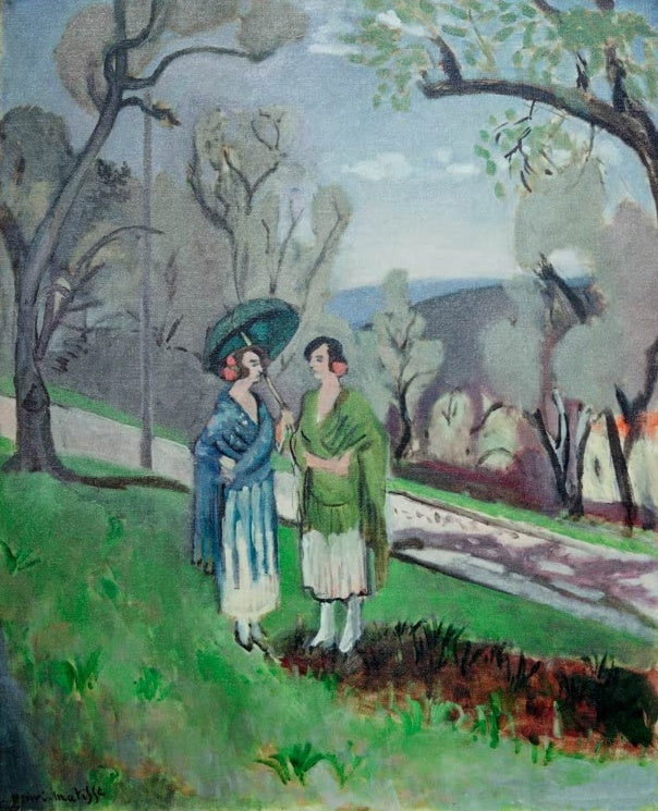 Zwei Frauen mit Sonnenschirm im Gespräch auf einer Wiese – Henri Matisse La conversation sous les oliviers Kunstkopie