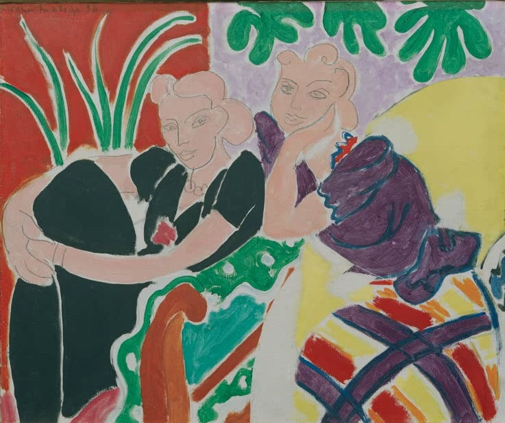 Zwei Frauen im Gespräch, eine den Kopf aufgestützt, vor rotem Grund mit Pflanzen – Henri Matisse La conversation Kunstkopie