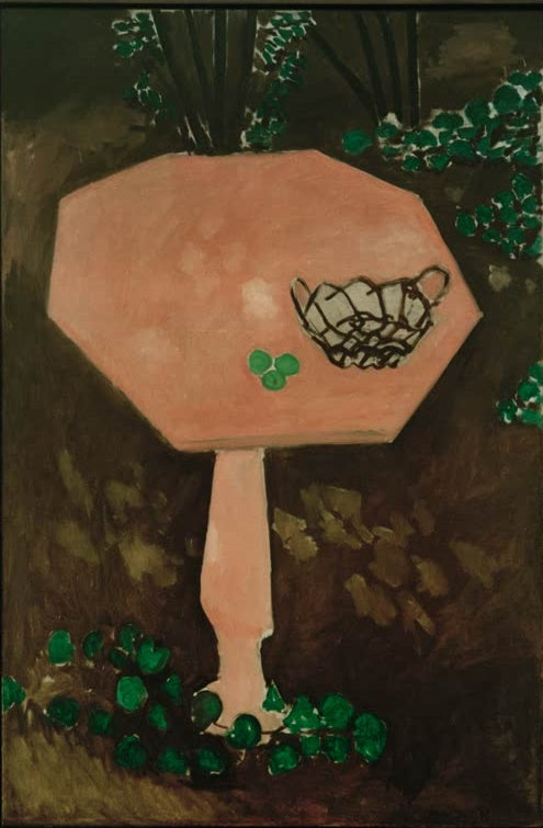 Rosa Marmortisch mit Korb und Blättern vor dunklem Gartengrund – Henri Matisse La table de marbre rose Kunstkopie