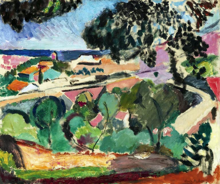 Hügelige Küstenlandschaft mit Bäumen, Häusern, Weg und Meer am Horizont – Henri Matisse Landschaft von Collioure Kunstkopie