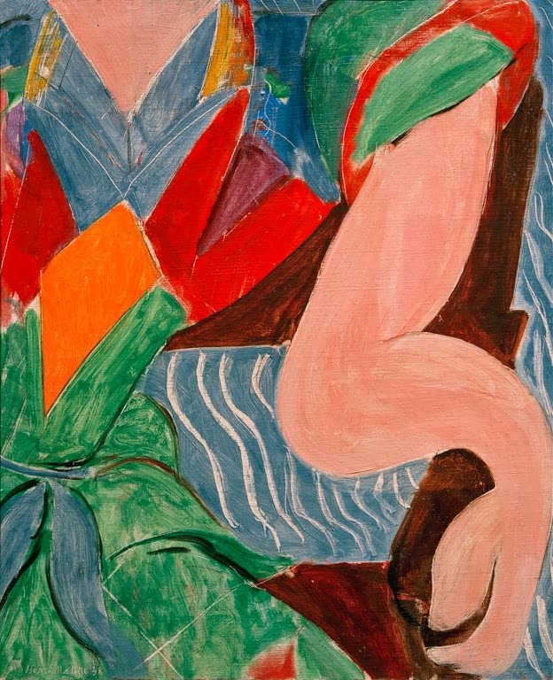 Rosa Frauenarm vor farbigen Flächen in Rot, Grün, Blau und Orange – Henri Matisse Le bras Kunstkopie