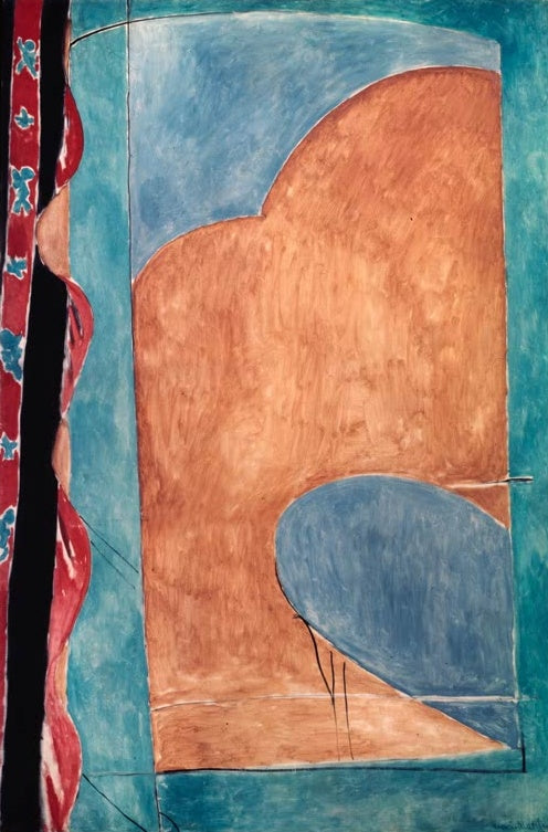 Fensterfront mit orangefarbenem Flügel, blauen Flächen und rot gemustertem Vorhang – Henri Matisse Le fenêtre Kunstkopie
