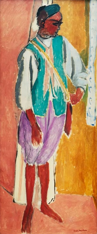 Stehender Marokkaner in türkisfarbener Weste und lila Hose vor orangem Grund – Henri Matisse Le marocain Amido Kunstkopie