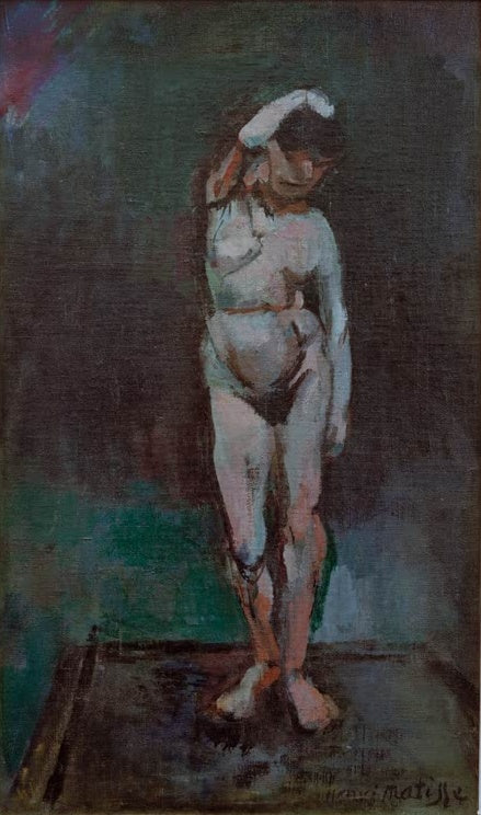 Stehender Akt, ein Arm erhoben, vor dunklem Hintergrund – Henri Matisse Le modèle Kunstkopie