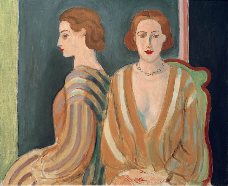 Zwei Frauen in gestreiften Kleidern, eine im Profil, vor einem Spiegel – Henri Matisse Le reflet Kunstkopie