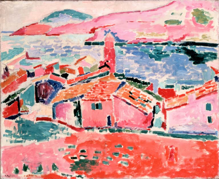 Rote und rosa Hausdächer über dem Meer mit Kirchturm in leuchtenden Farben – Henri Matisse Le toits de Collioure Kunstkopie