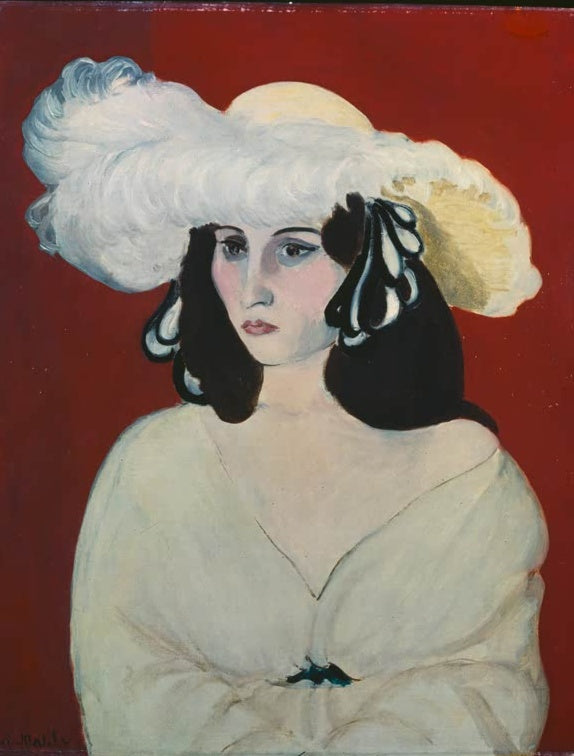 Frau mit dunklem Haar und großem weißem Federhut vor rotbraunem Grund – Henri Matisse Les plumes blanches Kunstkopie