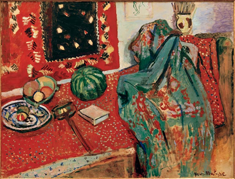 Roter Teppich mit Melone, Obstschalen und Buch, daneben grün gemustertes Gewand – Henri Matisse Les tapis rouges Kunstkopie
