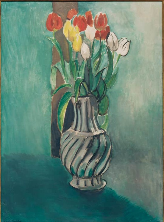 Tulpenstrauß in gedrehter Vase vor grünlich-türkisem Hintergrund – Henri Matisse Les Tulipes Kunstkopie
