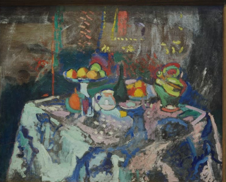 Tisch mit Obstschale, Krügen und Früchten auf blau gemustertem Tuch – Henri Matisse Nature morte au camaïeu bleu Kunstkopie