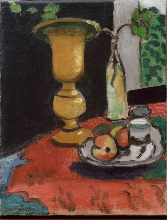 Gelbe Vase und Obstteller auf rotem Tisch vor dunklem Fenster – Henri Matisse Nature morte au grand vase Kunstkopie