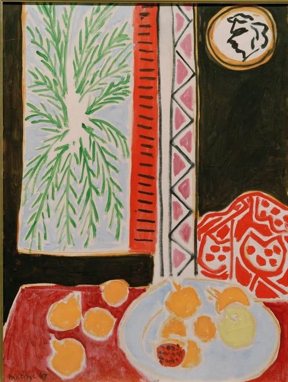 Granatäpfel auf Teller vor Fenster mit Zweigen und schwarzer Wand – Henri Matisse Nature morte aux grenades Kunstkopie